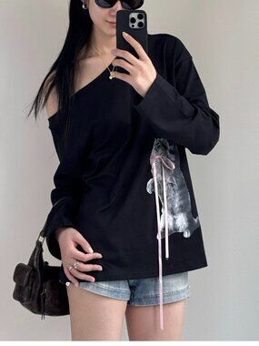 Black Coquette Cat Ribbon Off Shoulder Long Sleeve Top